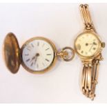 A 14ct gold full hunter pocket watch (AF) together with a 9ct gold cased ladies wristwatch on 9ct