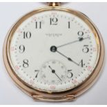 A 9ct gold open - face pocket watch by 'Waltham,' case, dust cover and bow marked '9' '.375' the