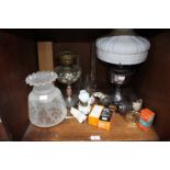 SECTION 42. Two paraffin oil lamps with glass shades and two miniature oil lamps together with