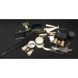 Various collectables including a miniature tortoiseshell mandolin, two pairs of 19th C French MOP