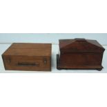 A Victorian flame mahogany tea caddy, together with an oak box. (2)