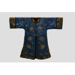 Chinese informal robe of pale blue silk exquisitely embroidered in coloured silks and metal
