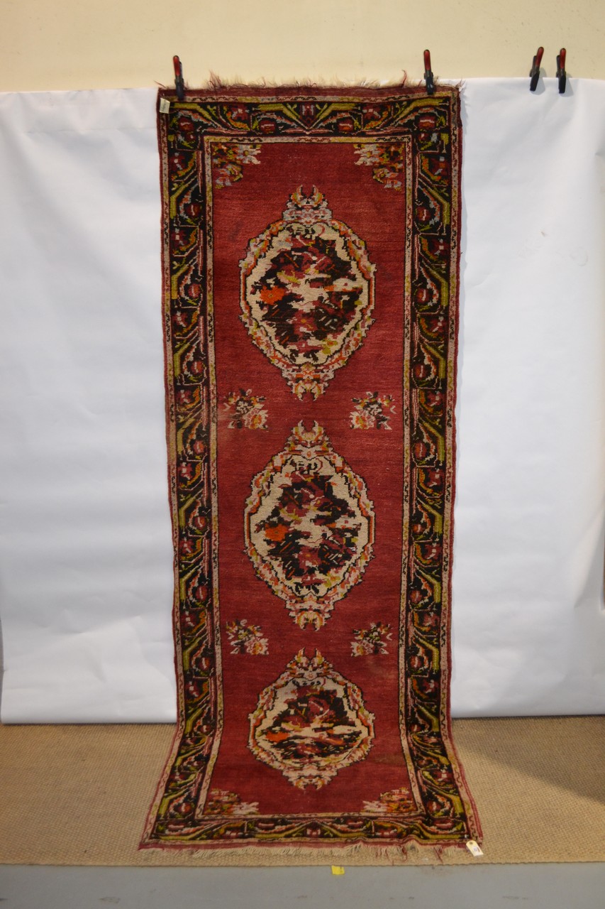 Anatolian triple medallion runner, circa 1930s, 11ft. 8in. x 4ft. 1in. 3.56m. x 1.25m. Surface - Image 3 of 10