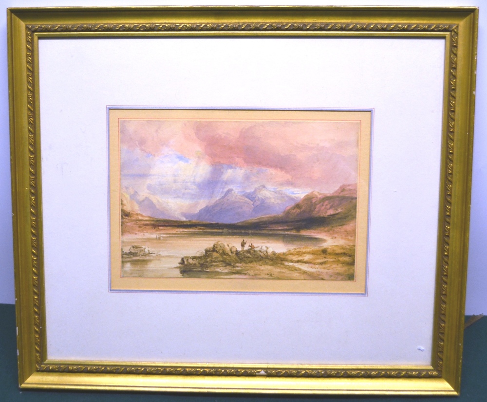 Copley Fielding, 1831. A signed watercolour, fishing on a Scottish Loch. 7in (18cm) x 10.25in (