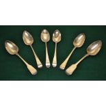 Four George III Old English pattern silver table spoons, one bright cut crested and initialled,