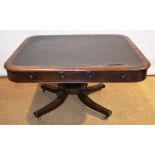 A George IV mahogany tilt top library table, the rectangular top inset old cloth and cross banded, f