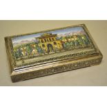 An Iranian silver coloured metal rectangular box, the hinged lid with an enamel view of a palace,