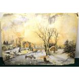A nineteenth century North American winter scene, depicting in crayon a horse drawn sledge and