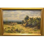 Sidney Pike, a signed oil painting on canvas sheep escaping over a hedge, a farmhouse nearby. 10in (