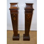 A pair of nineteenth century Sheraton Revival mahogany pedestals, inlaid marquetry foliage, Neo
