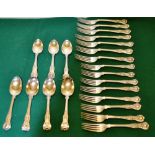 A matched set of nineteenth century Kings pattern silver cutlery, mostly crested, comprising;