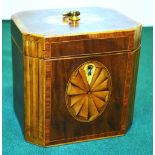 A George III cube shape tea caddy, veneered in fiddle back mahogany with marquetry oval paterae