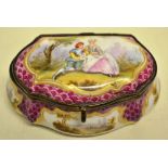 A nineteenth century Meissen porcelain trinket box, serpentine sided with landscapes, the hinged