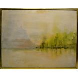 An abstract oil painting on board, trees by a lake and a mountain in the distance. Signed. 28in (