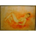 An oil painting on board, reclining nude. 22.5in (57cm) x 32.5in (82.5cm). Framed.