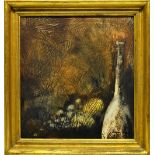 An oil painting on board, still life with grapes. Signed. 15.5in (39cm) x 14.5in (37cm). Framed.