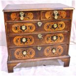 A William and Mary marquetry and walnut veneered chest, of 2 short and 3 long graduated oak lined