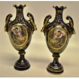 A pair of nineteenth century Vienna porcelain vases in Sevres style, with oval panels of lovers,