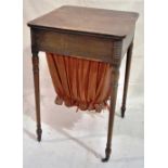 A Regency mahogany work table, the square top 'cross' banded and inlaid stringing, having rubbed,