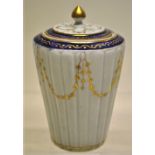 A late eighteenth century Worcester porcelain tea vase, the ribbed body with gilt bellflower