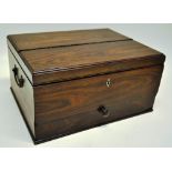 A mid nineteenth century Anglo Indian rosewood work box, the moulded edge hinged lid compartment
