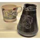 An early nineteenth century Sunderland lustre ware mug, decorated Masonic symbols and a text, with