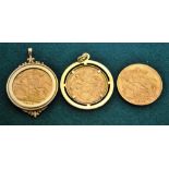 Two 1913 gold sovereigns (one in a loose 9ct gold framed pendant mount) and an 1897 half