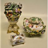 A Coalport porcelain square scent bottle, painted flowers and raised flowers to the sides on