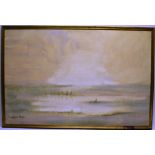 An oil painting on board. Dawn, signed. 24in (61cm) x 3ft (91.5cm), framed.