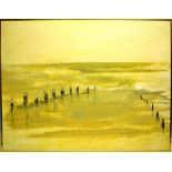 An abstract oil painting on board, breakwater. Unsigned. 27.5in (70cm) x 35.5in (90cm). Framed.