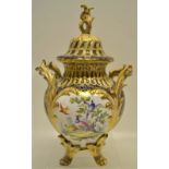 A William IV porcelain Rococo Revival vase and cover, with painted panels of birds and flowers, gilt