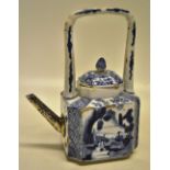 A Kang Hsi blue and white Chinese porcelain wine pot, the rectangular body with concave corners,