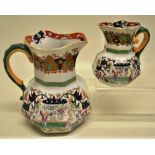 Two early Victorian octagonal ironstone China jugs, oriental pattern with figures on a terrace, a