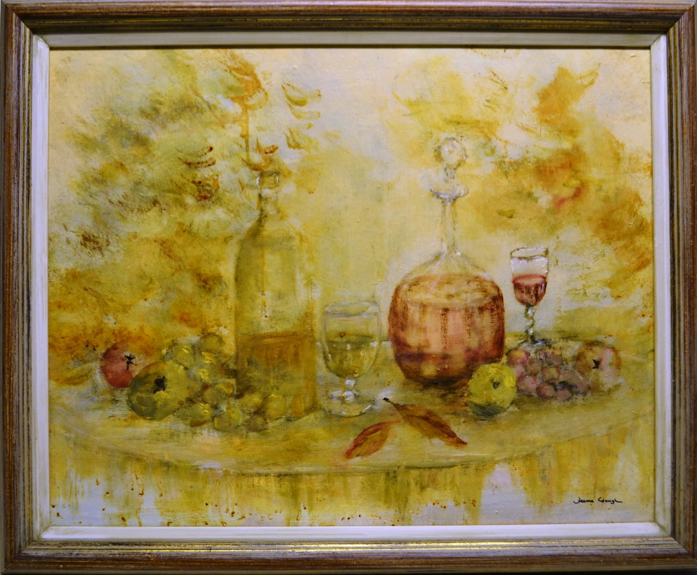 An oil painting on board still life, a table laid with fruit and wine, including glasses and wine