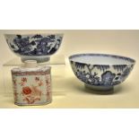 Two Chinese late eighteenth century blue and white porcelain bowls, decorated foliage, cracks to