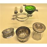 A late Victorian green glass quaich, with silver mounts, a pair of matching silver mounts, a later