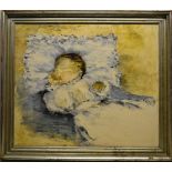 An oil painting on board, a baby asleep, signed. 27.5in (70cm) x 24in (61cm). Frame with