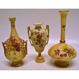 Three Royal Worcester late Victorian/ Edwardian vases, blush ivory, decorated flowers to a cream