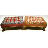 A pair of late eighteenth century rectangular footstools, covered in later needlework, with gilded