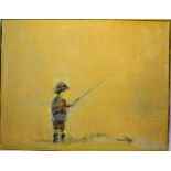 An oil painting on board, signed 'Little Boy Fishing.' 27.5in (70cm) x 35.5in (90cm). Framed.