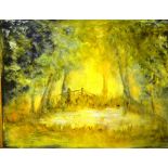 A large abstract oil painting on board 'Trees.' Unsigned. 3ft (91.5cm) x 4ft (122cm). Unsigned by