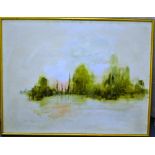 An oil painting on board tree lined river scene. 27.75in (70.5cm) x 3.5in (90cm). Framed.