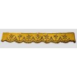 European yellow silk and metal thread scollop edge pelmet, probably French, late 19th/early 20th