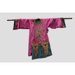 Chinese robe, possibly a Peking opera robe, pink satin embroidered in coloured silks and metal