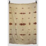 Algerian cream wool blanket embroidered in chestnut brown wool with scattered geometric motifs,
