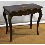 A French nineteenth century walnut veneered swivel top card table, grained to simulate zebra wood,