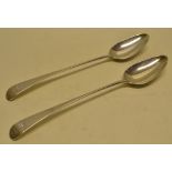 A pair of George III silver Old English pattern basting spoons engraved initials. 12.5in (32cm)