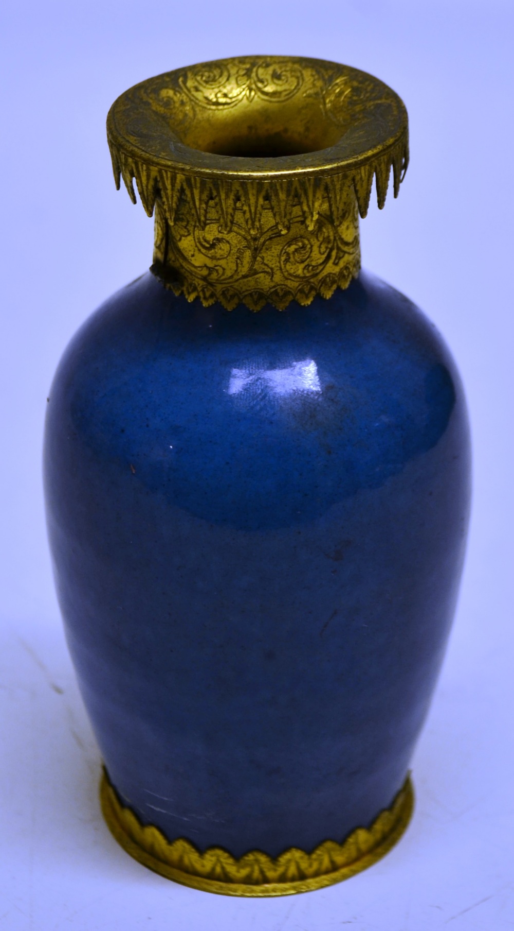 A Chinese turquoise porcelain vase, with engraved gilt brass European mounts. 5.5in (14cm). (Mid