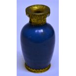 A Chinese turquoise porcelain vase, with engraved gilt brass European mounts. 5.5in (14cm). (Mid