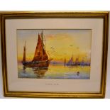 I.G.S Walters. A watercolour, signed, of fishing boats setting sail at sunset. 7.5in (19cm) x